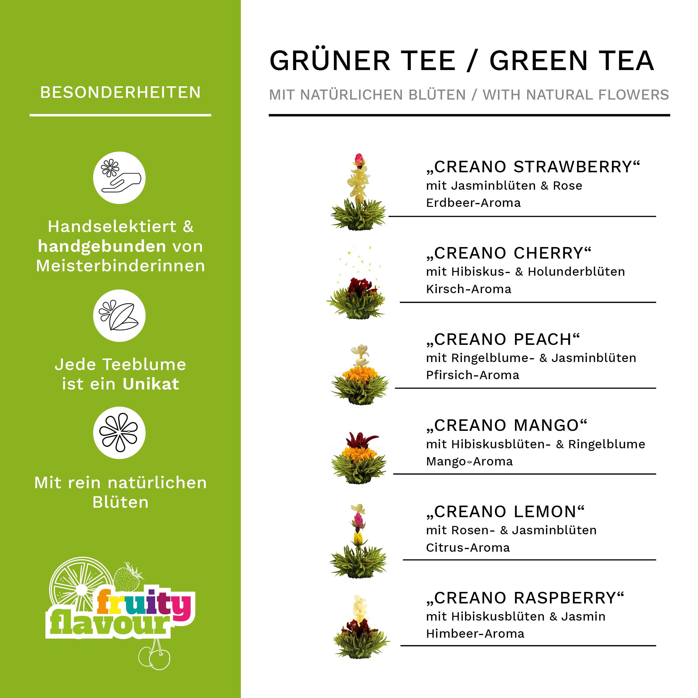 Creano Teeblumen Geschenkset in Teekiste aus Holz, 12 Erblühtee in 6 Sorten grüner Tee fruchtig aromatisiert, Fruity Flavor, Teerosen Tee Geschenk für Frauen