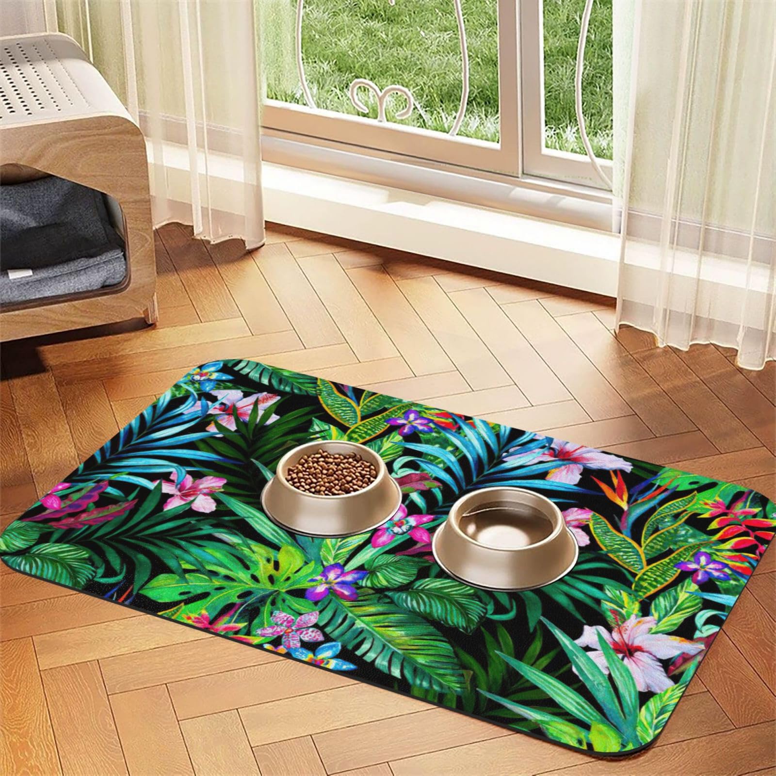 Tapis d'alimentation imprimé tropical pour chiens et chats en cuir PU absorbant