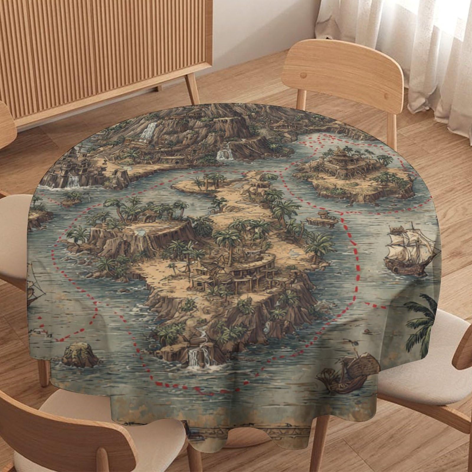 LUYYSKY Classic Aesthetic Treasure Map Round Tablecloth Vintage Fantasy Antique Map Pirate Ship Tropical Palm Trees Compass Washable Decor for Table Cover for Kitchen-91.4" Wx91.4 L cm