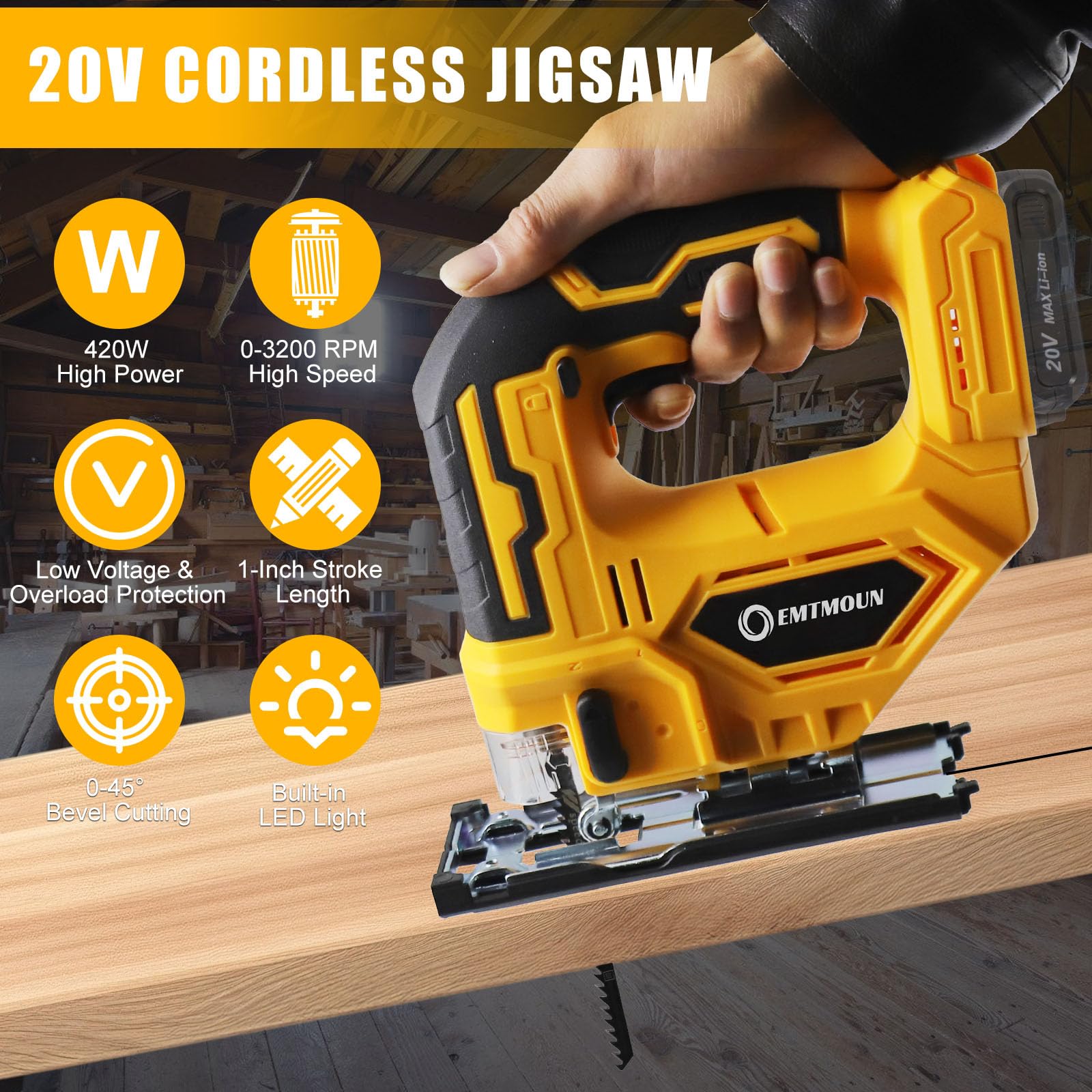 Seghetto alternativo senza fili per Dewalt 20 V Max batteria, seghetto alternativo senza spazzole per taglio dritto/curvo/smussato/circolare, 3200 giri/min, 3 impostazioni orbitali, tagli smussati da
