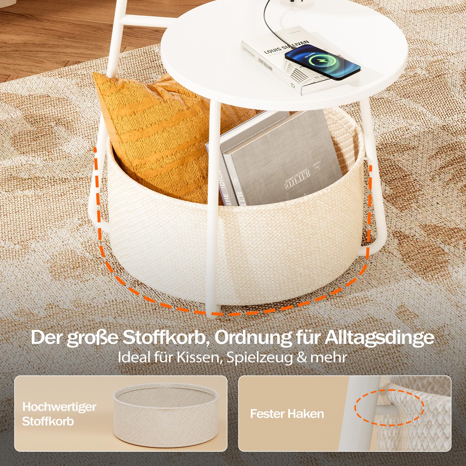 Rolanstar Beistelltisch Rund, Kleiner Tisch mit Ladestation, Runder Couchtisch mit großem Stoffkorb & 2 Ebenen, Moderner Nachttisch für Wohnzimmer & Schlafzimmer (Weiß)