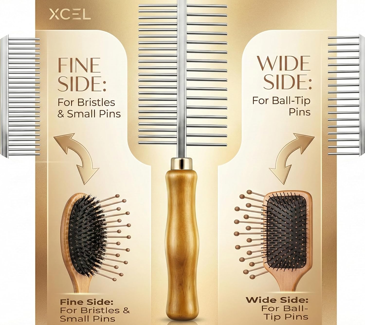 XCEL 2-in-1 Hair Brush Cleaner Tool, Dual-Sided Hairbrush Cleaning Rake & Comb for Removing Hair, Lint, Dust and Product Buildup from Paddle, Boar Bristle, Round and Detangling Brushes
