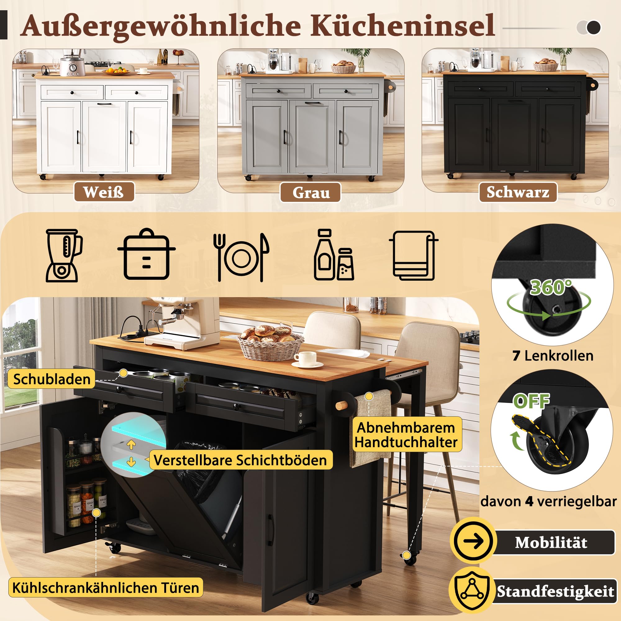 Kücheninsel auf Rollen, Ausziehbarer Essbereich mit Arbeitsplatte und Abfallbehälterfach, Mobile Kücheninsel freistehend mit Steckdosenleisten, Ideal für Küche und Esszimmer (Schwarz)