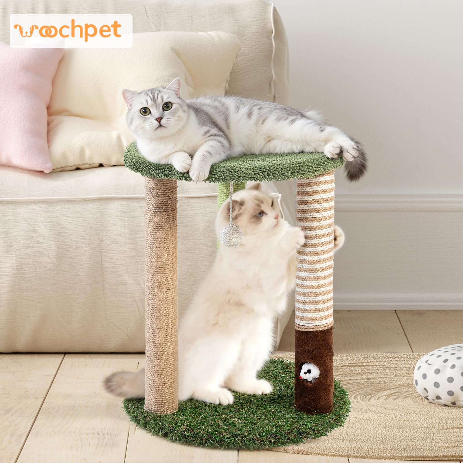 WOOCHPET Tiragraffi a torre con 3 tronci, altezza 55,9 cm, in sisal con divertente giocattolo per gatti e gatti adulti, piccola torre di gatto e asta per gatti indoor (verde)