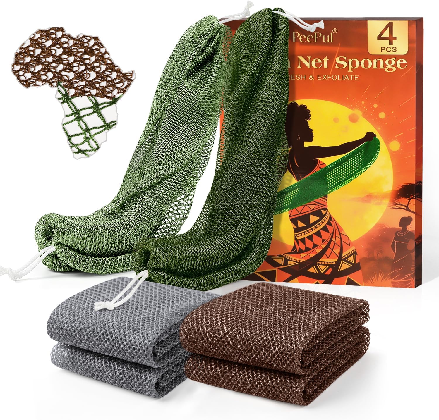 African Net Sponge 4 Pack, Knotted and Knotless Body Scrubbers