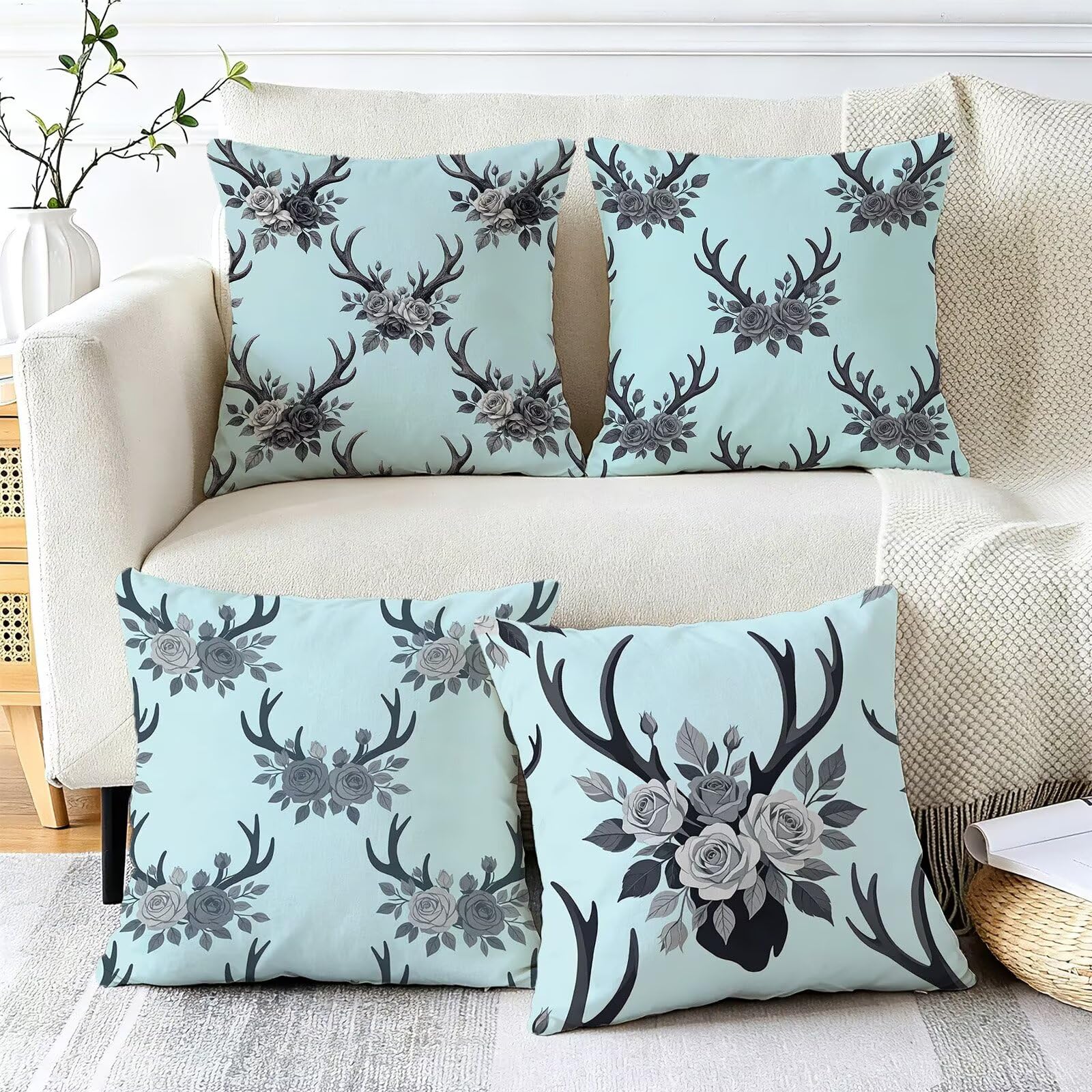 Blu Federe Cuscini Divano 60x60cm, Cuscini da Esterno Set de 4, Cod-99 | Velour Copricuscini Decorativi Letto Arredo, per Letto, Soggiorno, Giardino, Esterno, Casa Decorazione Set di 4 Fiore