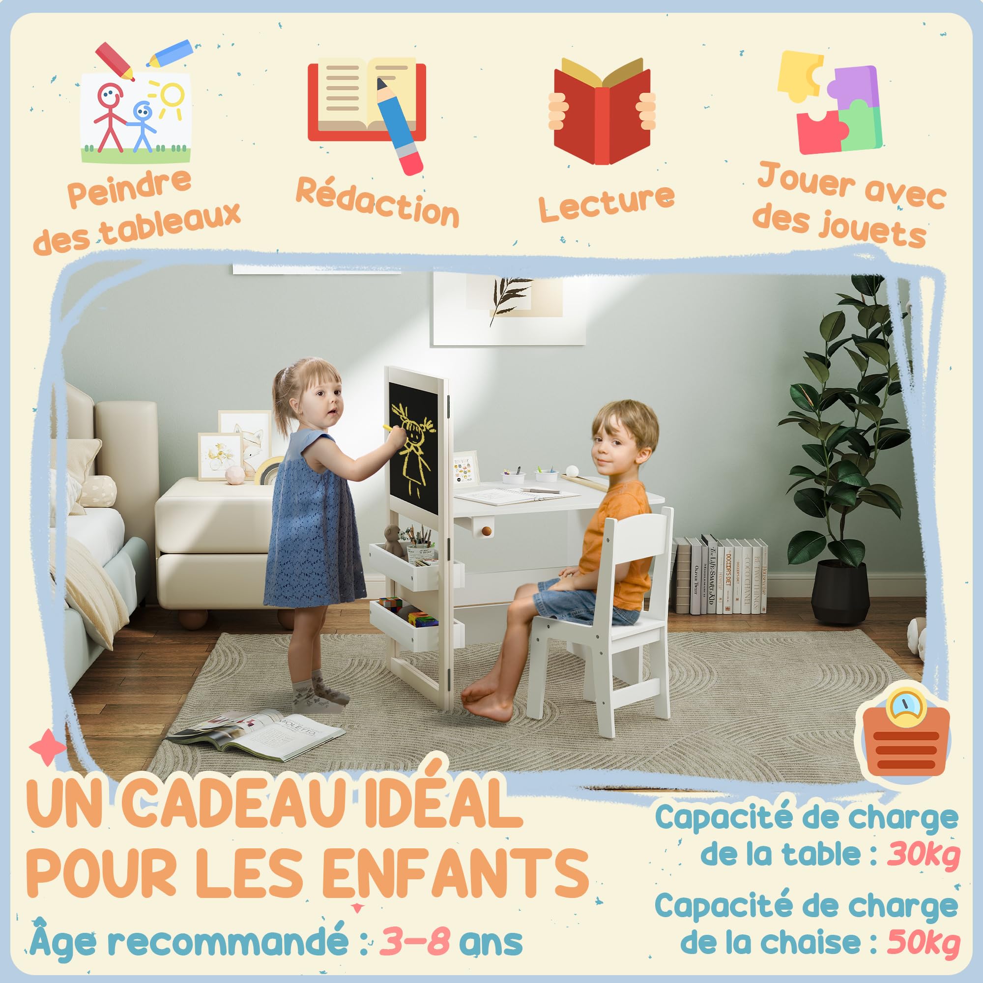 AIYAPLAY Ensemble Table Chaise Enfant 3 en 1 avec Chevalet Pliable, Table Activités et Jeux avec Rangement, 3-8 Ans, Blanc