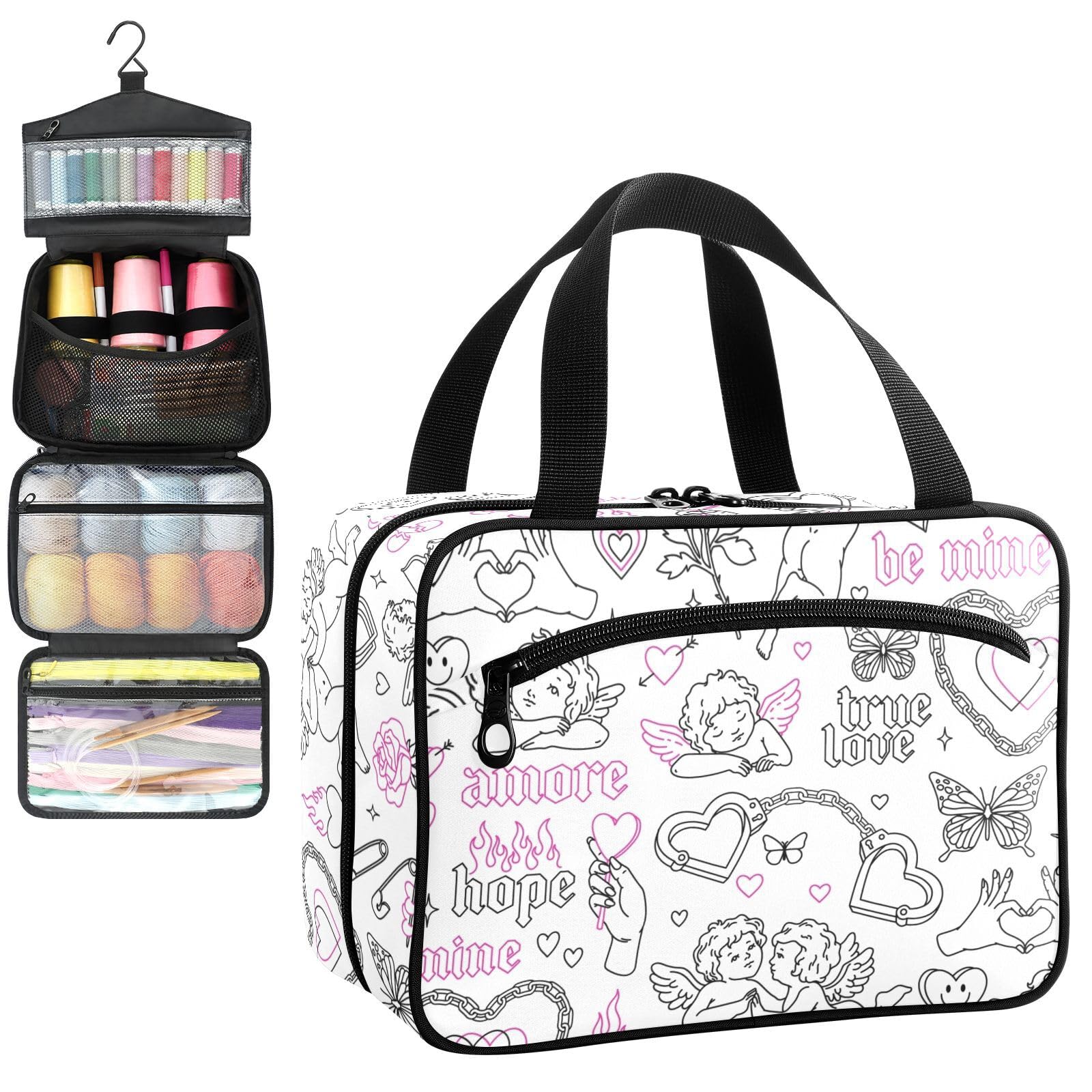 YNNALE Sewing Supply Organizer Bag, Y2k Angel Butterfly Fire Preppy Pink Black Portable Sewing Bags with Pockets&Hanger, Sewing Storage Box Case for Sew Supplies/Kit/Tools/Accessories (BAG ONLY)