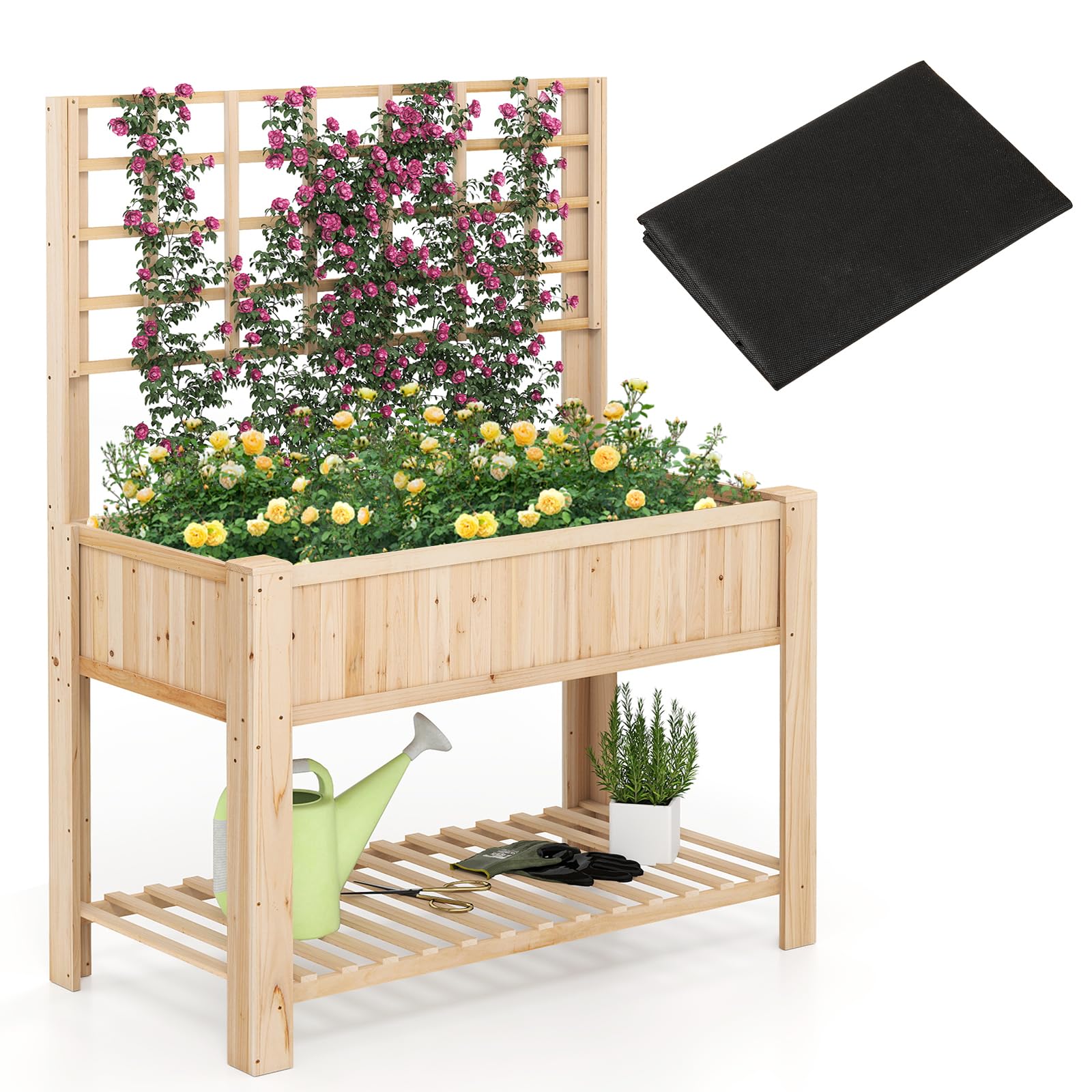 COSTWAY Letto da Giardino Rialzato, Fioriera Elevata con Traliccio, Mensola di Stoccaggio e Fori di Drenaggio, Orto Rialzato per Cortile, Giardino e Patio, 116 x 59 x 150 cm (Naturale)