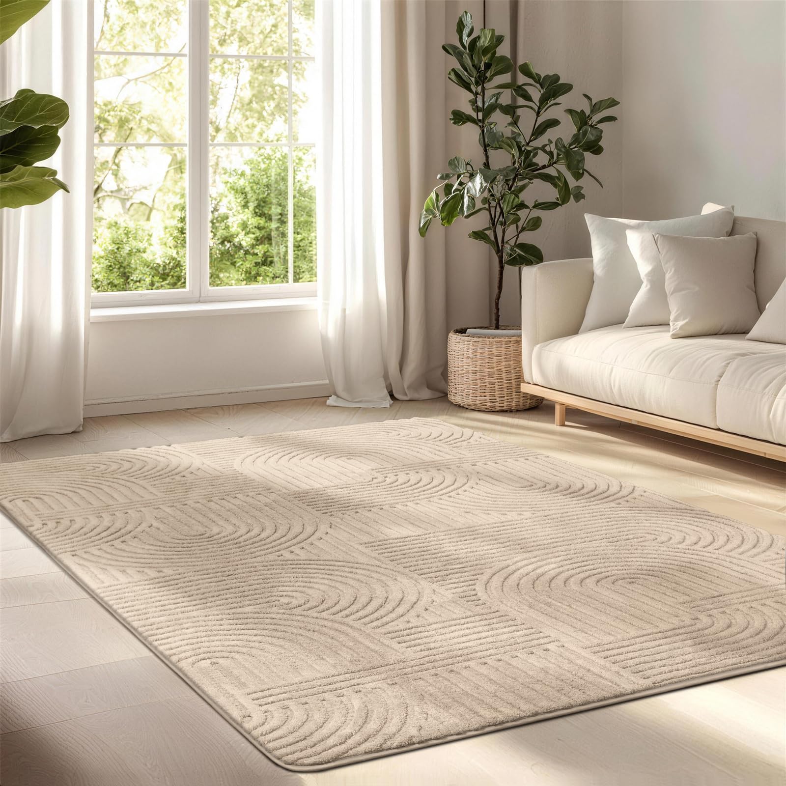 BYBSRLL Rugs Living Room 160x230 cm, Beige Washable Soft Touch & Non-Slip Rugs for Bedroom, Modern Geometric Thick Pile Rug Floor Carpet for Bedroom Dining Room Office Lounge, Curve