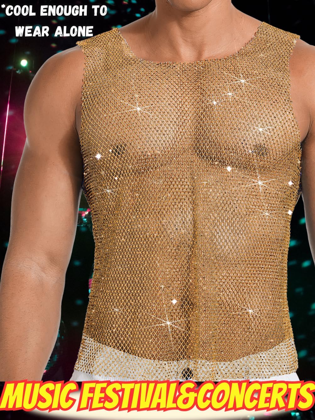 ChiaoLezhee Rhinestones Rave Outfits, Sparkly Mesh Tank Tops, Men's Sexy Sheer Fishnet Shirt for Music Festival