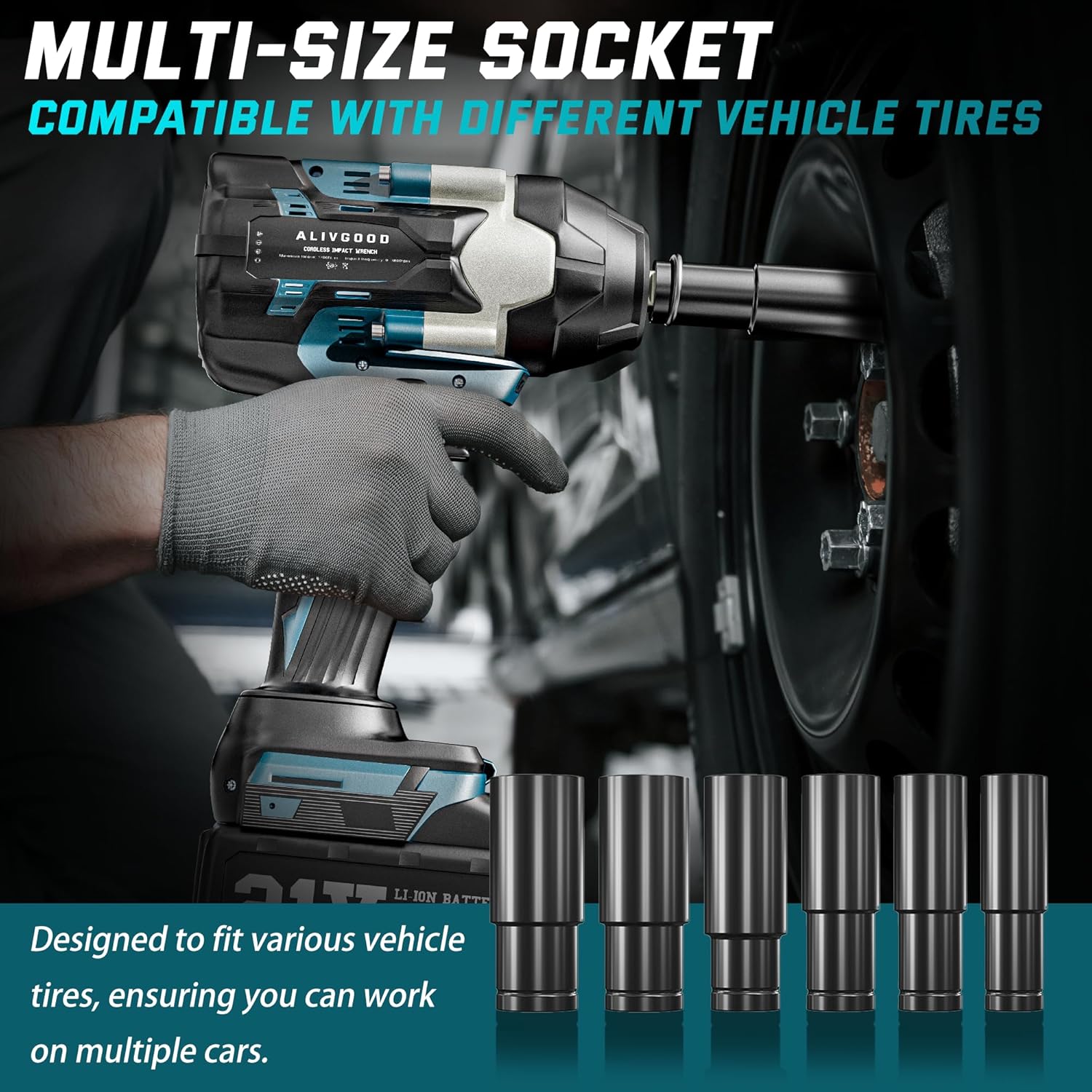 Upgrade 1500N.m/1150 Ft-lbs Cordless Impact Wrench, 2x 5.0AH Battery, 1/2 Inch Electric Impact Gun, Fast Charger, Power Impact Wrench for Truck RV Heavy-duty, 6 Sockets(17mm,18mm,19mm,21mm,22mm,24mm)