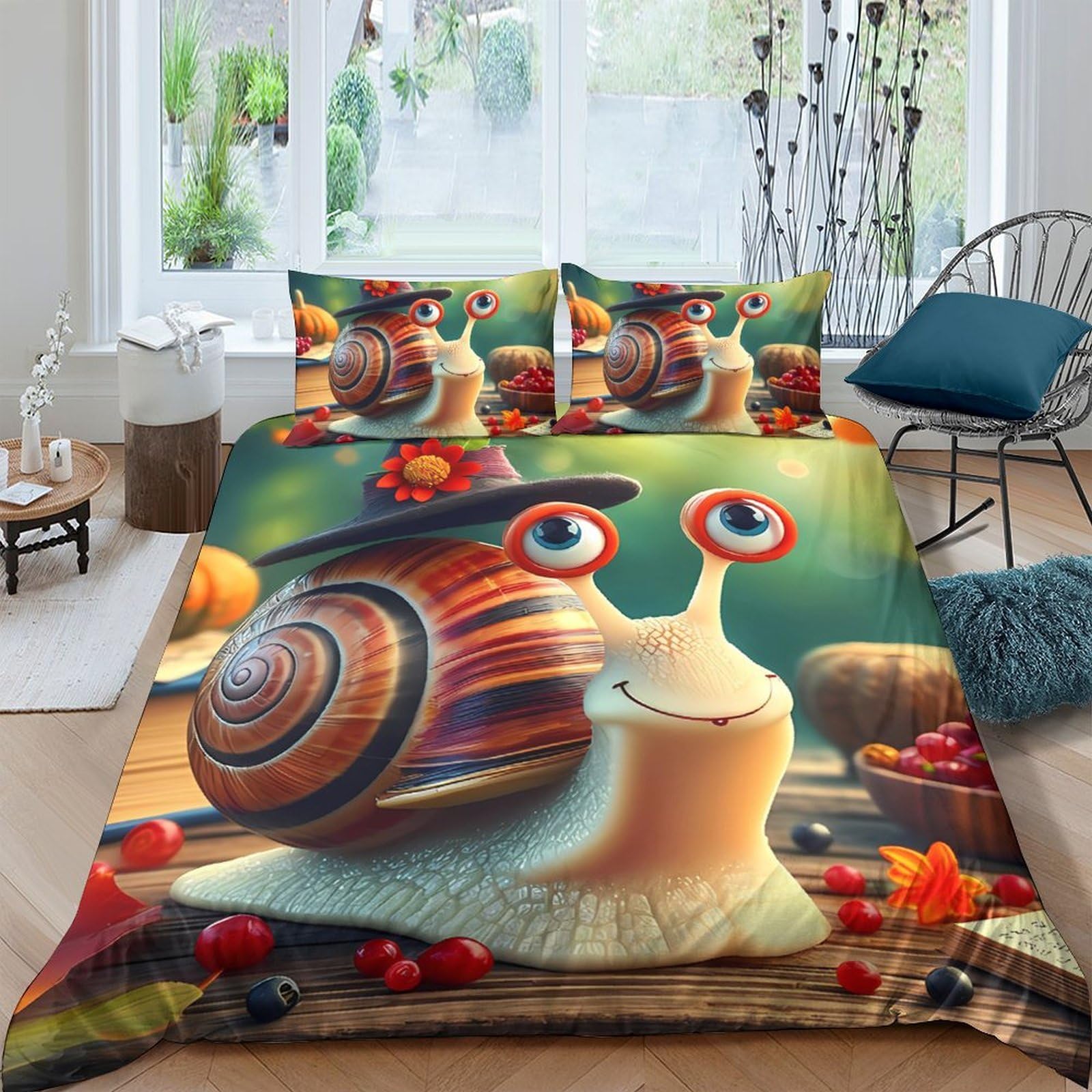 Ctjqhvkz Style-3 3D Printed Cartoon Snail Fitted Sheet Microfiber Soft Autumn Forest Bed Cover For Bedroom Guest Room Decor Single（135X200cm）
