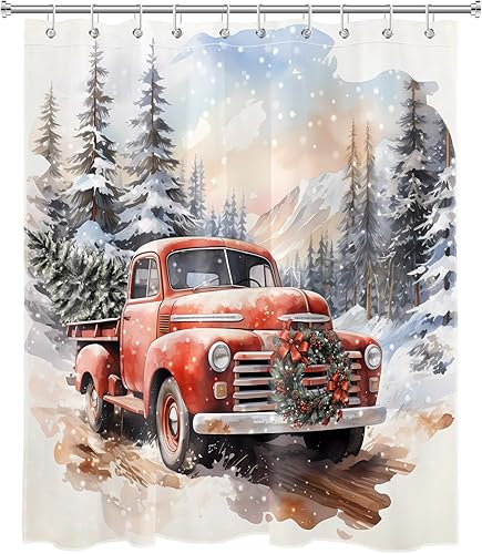 Miniatura 9 de LB Red Truck Christmas Shower Curtain Sets with Rugs Xmas Wreath and Pine Tree on Retro Truck Winter Snow Fabric Shower Curtain with Hooks Snowflake