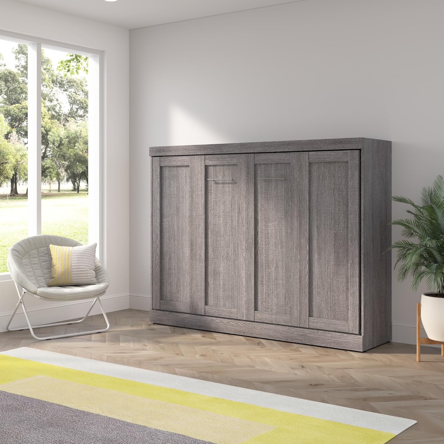 Bestar Full Size Horizontal Murphy Bed with Charging Station, 80-inch, for Bedroom or Guestroom, Pur Collection, Modern, Gray