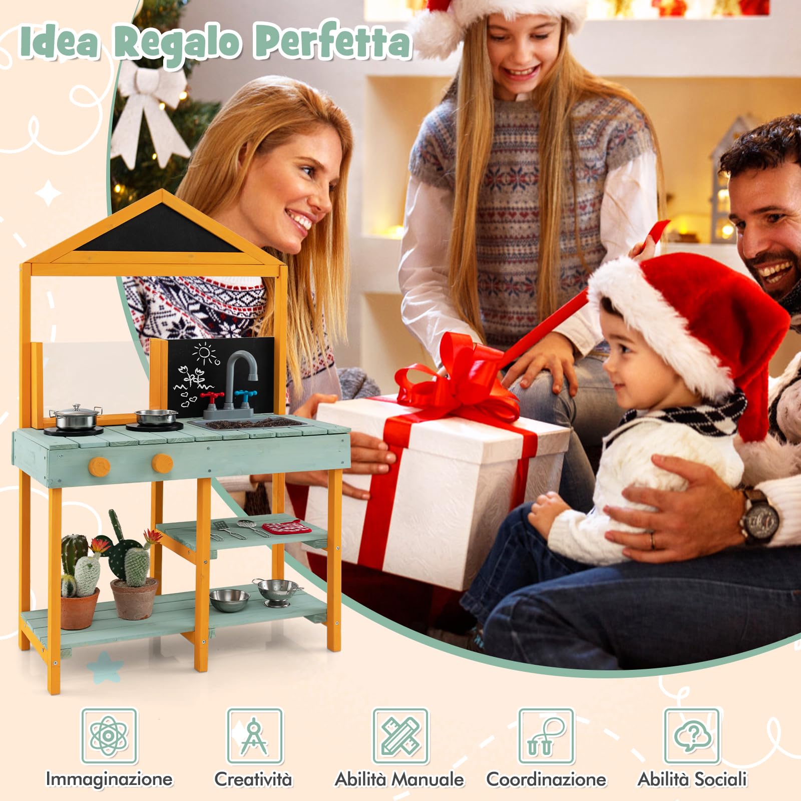 RELAX4LIFE Cucina Giocattolo da Esterno per Bambini, Set da Cucina in Legno con Fornello, Lavagna, Rubinetto, Fioriera Trasparente, Regalo Perfetto per Bambini dai 3 ai 7 Anni (Verde)