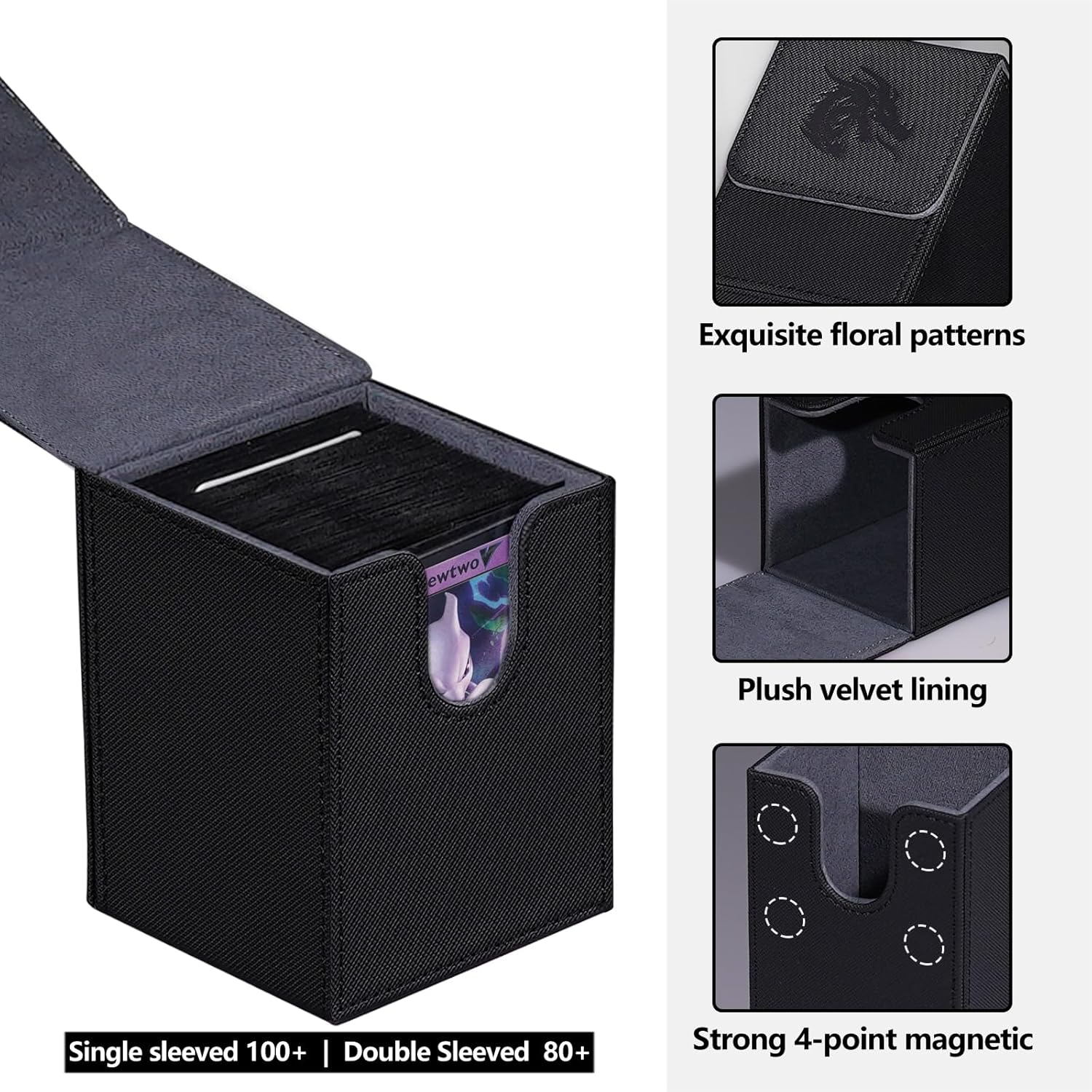 MTG Card Deck Box For Commander Deck Box With 2 Dividers, Card Storage Box Fits 100+ Single Sleeved Cards, PU Leather Strong Magnet Card Deck Case Holder for Magic Yugioh TCG (Black)