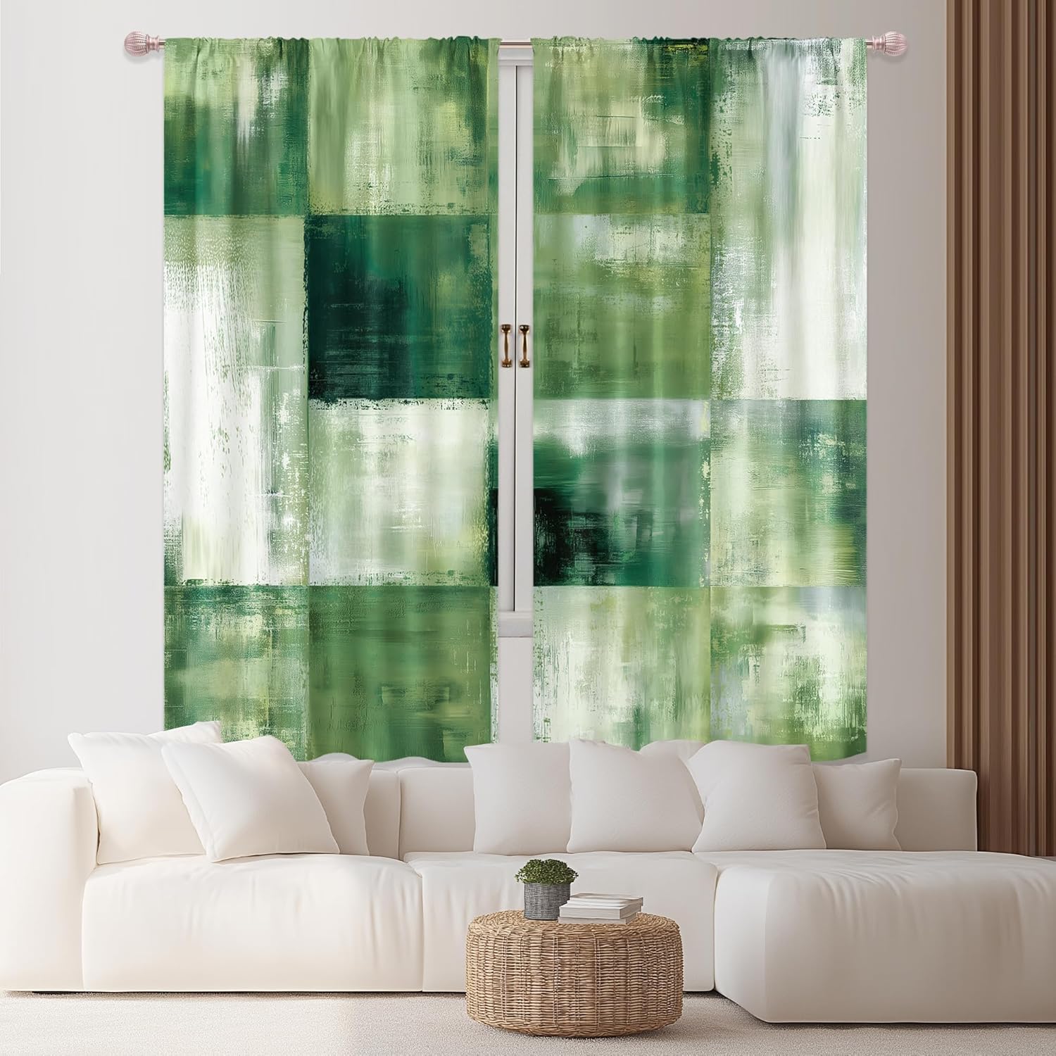 KOMLLEX Green Grey Abstract Curtains 42Wx63H Inch Rod Pocket Rustic Farmhouse Modern Geometric Aesthetic Art Printed Woman Man Kitchen Dining Living Room Bedroom Window Drapes Treatment 2 Panels