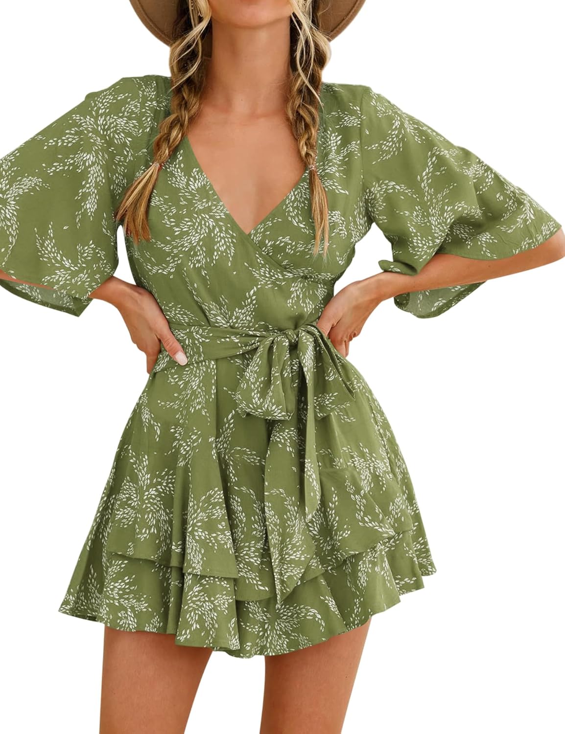 AIMCOO Womens Summer Short Flared Sleeve Romper V Neck