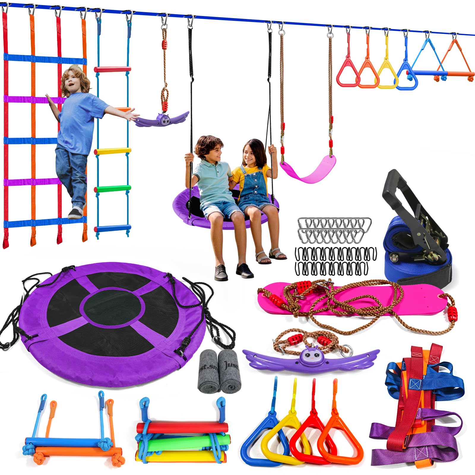 50FT Kids Ninja Slackline Obstacle Course, 11 Accessories Rope Ladder Climbing Net Disc Swing for Backyard Ages 3+ (50ft)