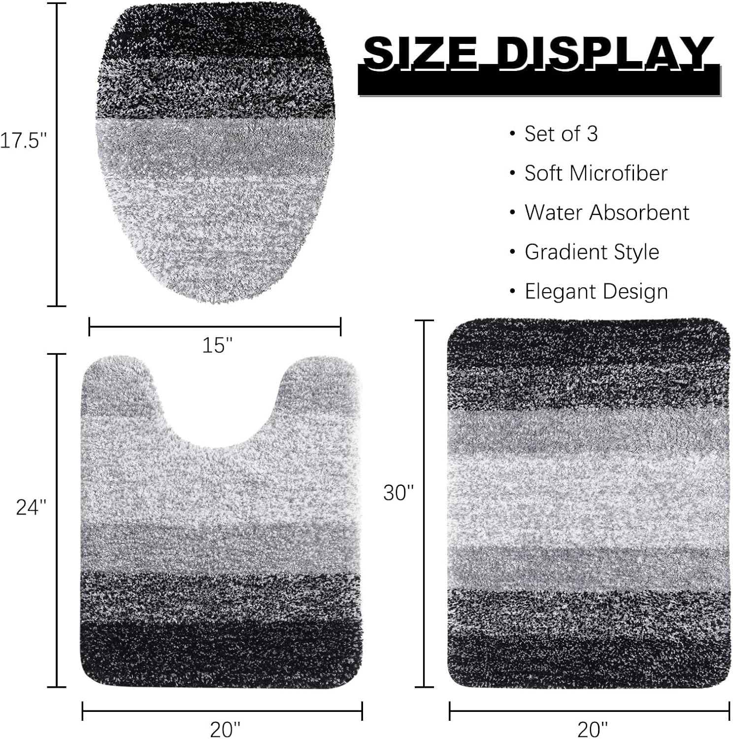 Arotive Microfiber Bathroom Rugs Bundle - 4 Pcs Set: 1 Shaggy Soft Absorbent Non-Slip Bath Mats 30x20, 1 U-Shape Mat 24x20 & 2 Toilet Lid Cover 17.5x15, Black
