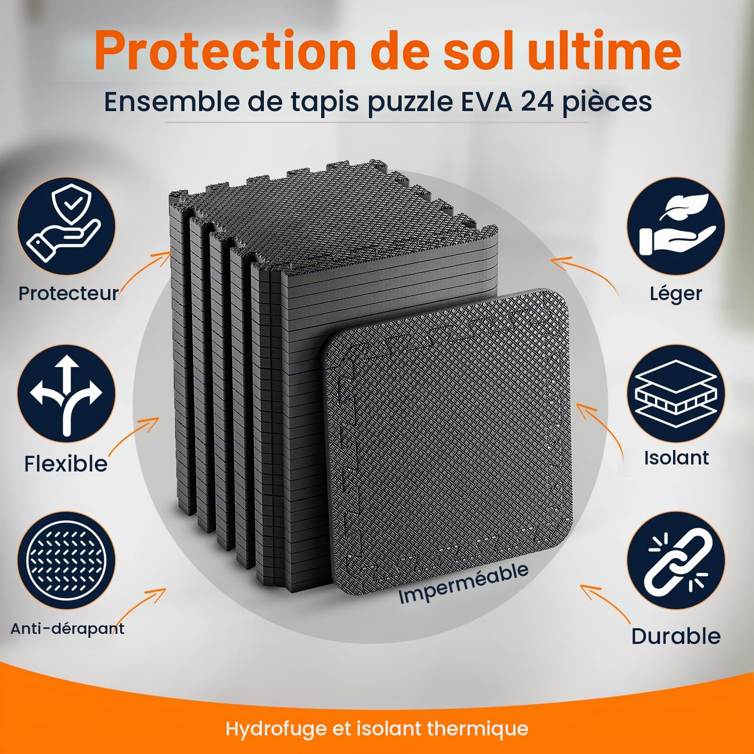 Edukit Tapis de gymnastique en mousse EVA 24 pièces 30,5 x 30,5 cm Noir Tapis de sol antidérapant emboîtable Puzzle pour la maison, l'exercice, le garage
