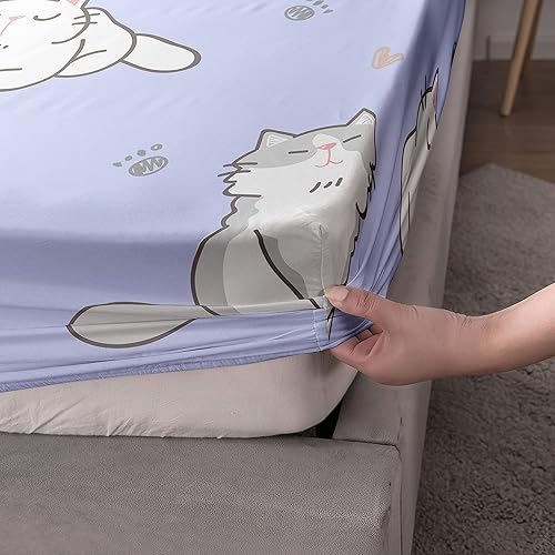 Miniatura 5 de Juego de sábanas Kawaii de 4 piezas con estampado de gatitos lindos con 1 sábana encimera y 1 sábana bajera + 2 fundas de almohada para niñas (gato