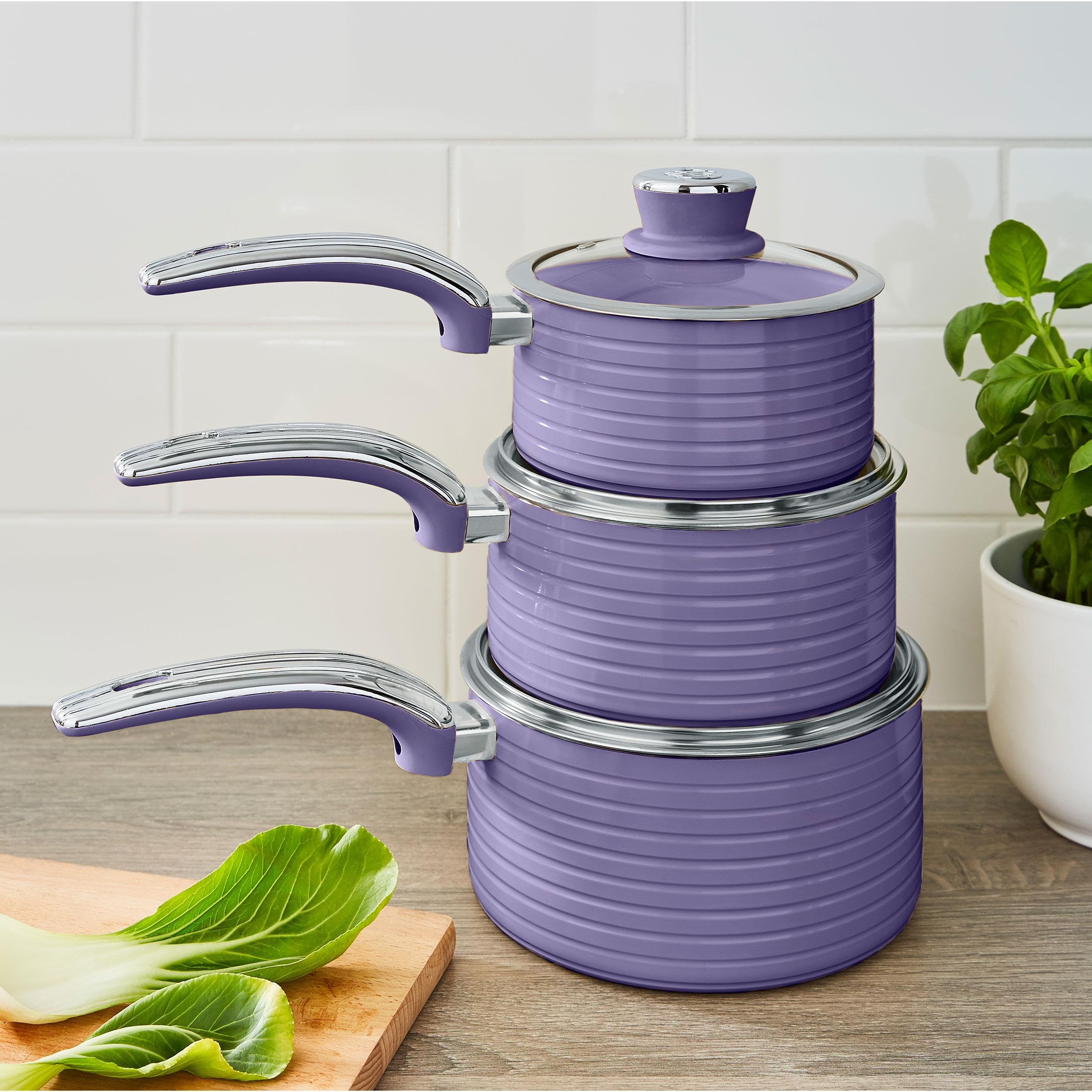 Swan Retro SWPS3020PURN Batterie de Cuisine 3 Casseroles, 16 18 20cm, 3 Couvercles en Verre, Aluminium, Induction, Antiadhésive Céramique sans PFOA, Convient à Toutes les Cuisinières, Vintage, Violet