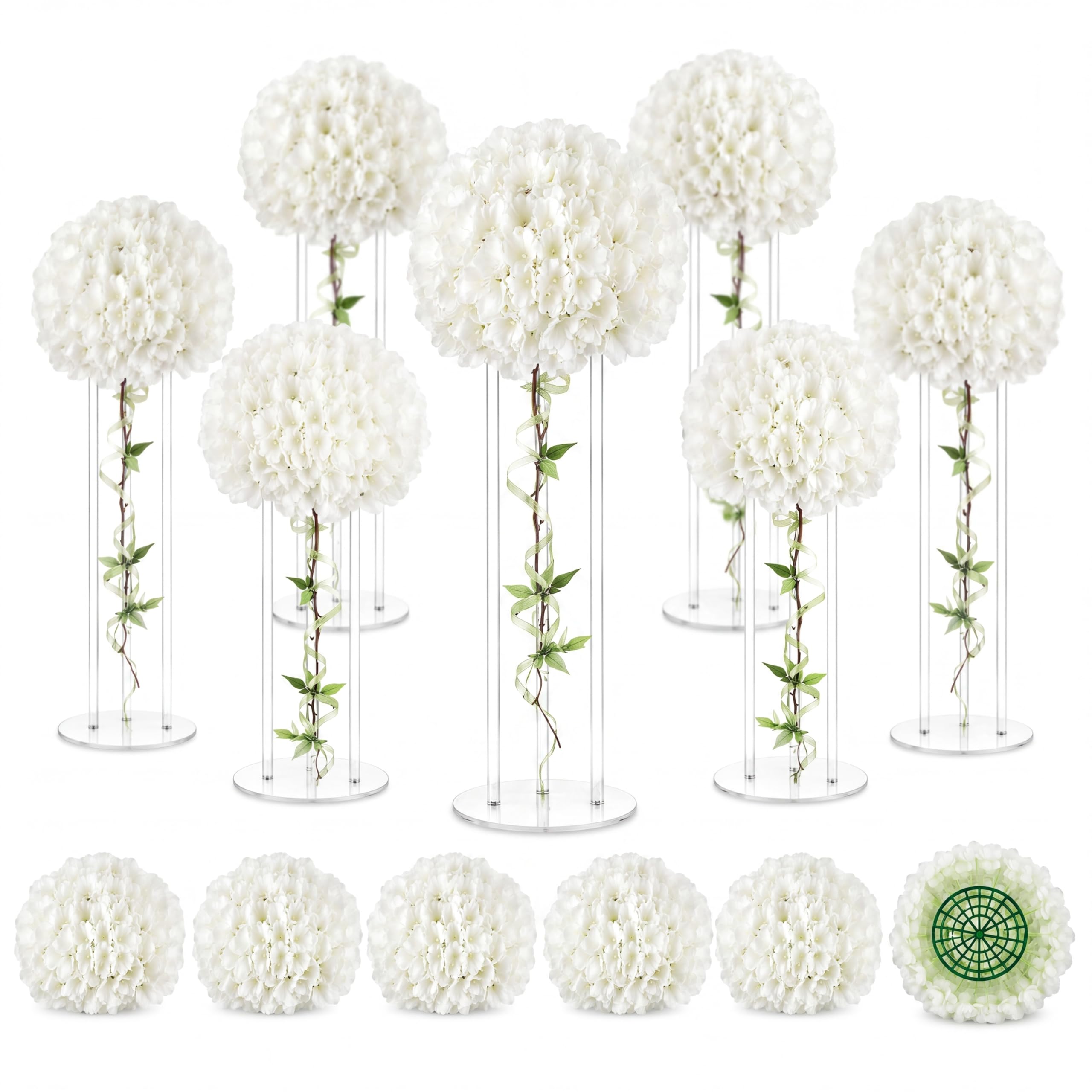 Photo 1 of Novabright 6 Set 20 Inch Tall Acrylic Stand and Artificial Flower Set for Wedding Table Centerpieces Clear Cylinder Vase Floral Display Rack and Faux Hydrangea Ball for Birthday Wedding Party Decor