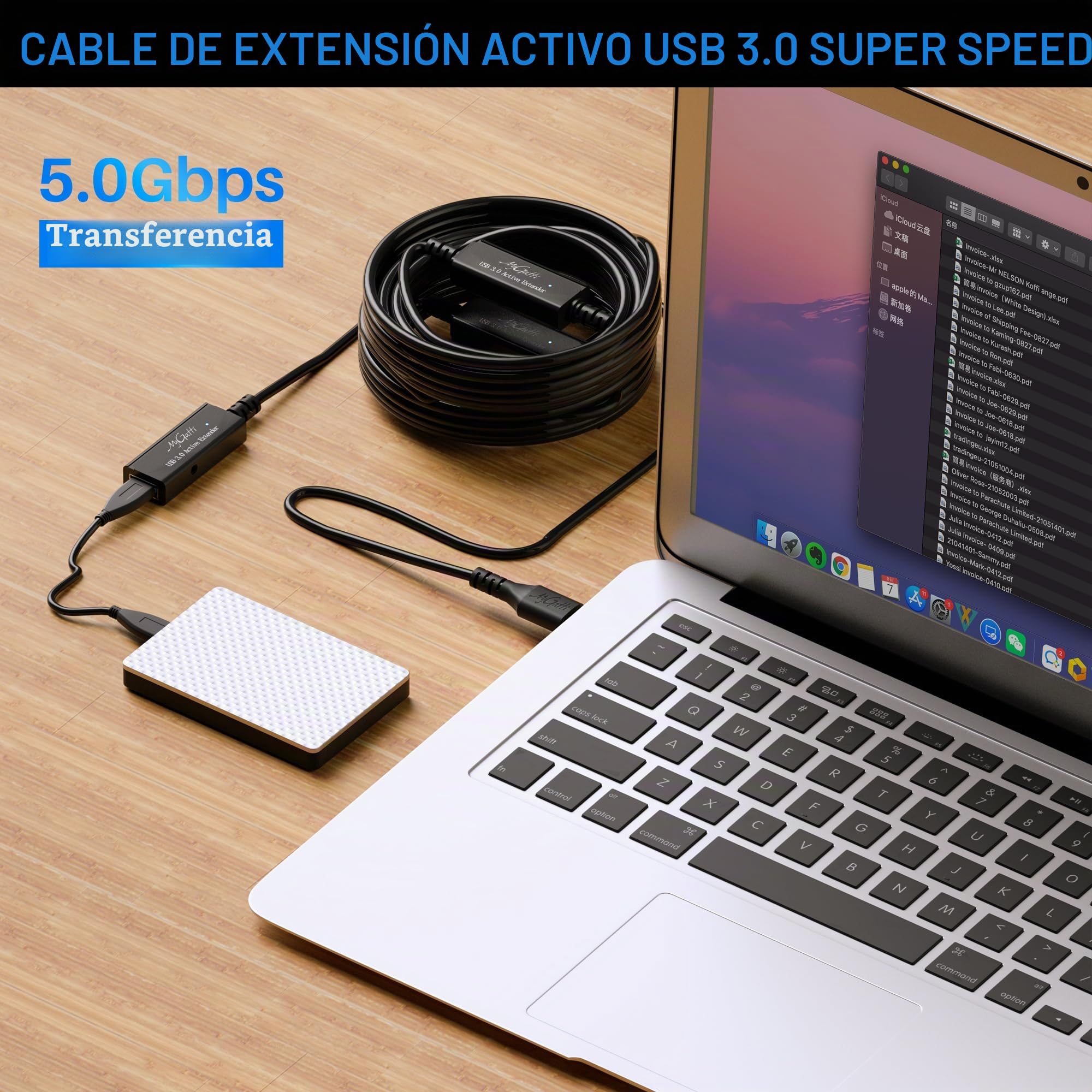 20 metros Cable de extensión activa USB 3.0,USB tipo A 5 Gbps macho a hembra,22 AWG,con 3 amplificadores de señal y enchufe de alimentación de CC,Cable repetidor,con 5 bridas