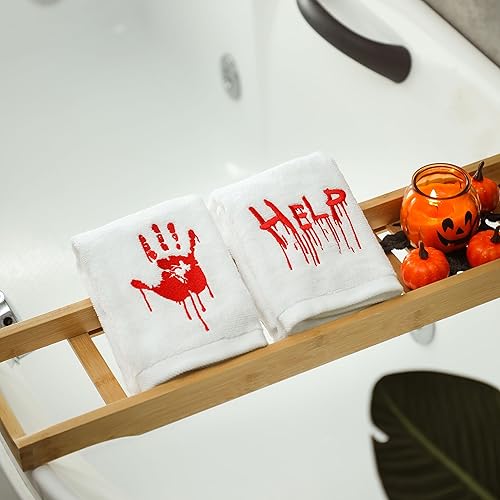 Miniatura 5 de Maracco Juego de 2 toallas de mano de Halloween, 100 % algodón, bordadas con manos sangrientas aterradoras, para baño, cocina, platos, regalo, 14 x