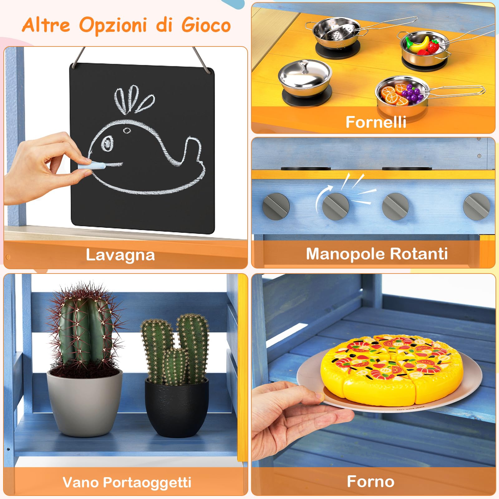 COSTWAY Cucina Giocattolo per Giardino con Tavolo e Panchina da Picnic, Cucina per Bambini in Legno di Abete con Fornelli, Lavandino, Lavagna e Forno, con 17 Accessori, 150 x 71 x 98 cm (Blu)