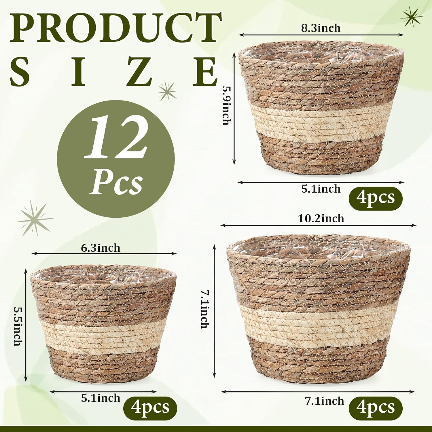 AceOrbit 12 Pcs Wicker Plant Basket Bulk with Liners Woven Planter Baskets Bulk for Indoor Outdoor Seagrass Plants Woven Wicker Baskets for Flower Pots Cover and Room Decor (Mixed Size,Bohemian)
