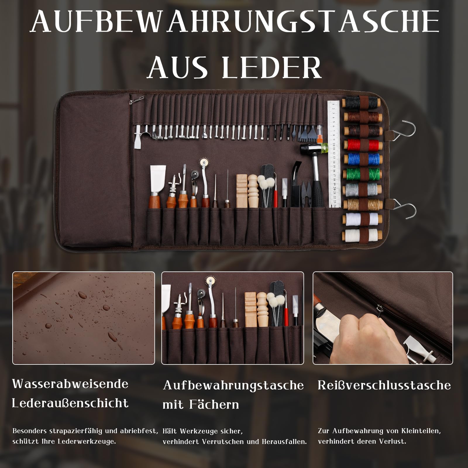 Leder Werkzeug Set, Lederverarbeitung, Leder Nähen Set Mit Lederschnitzwerkzeuge, Krappenstanzwerkzeuge, Mit Aufbewahrungstasche Lederbearbeitung für Lederarbeiten Handnähen