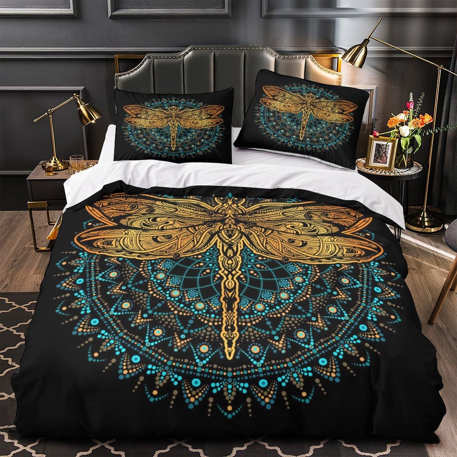 Drap de couette 135x200cm libellule et mandala tribal en microfibre