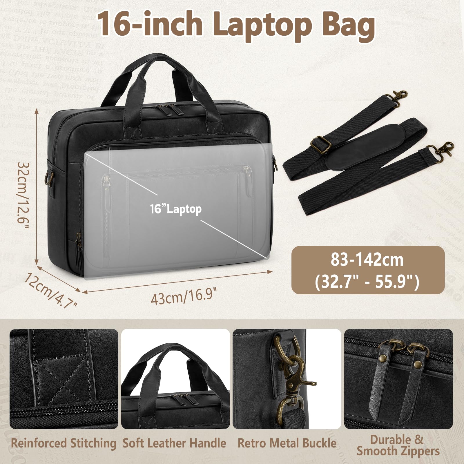 RAINSMORE Portafolios para Hombre, Maletin para Laptop 16 Pulgadas, PU Piel Maletín Grande para Trabajo, Oficina Universidad Vieja Escuela