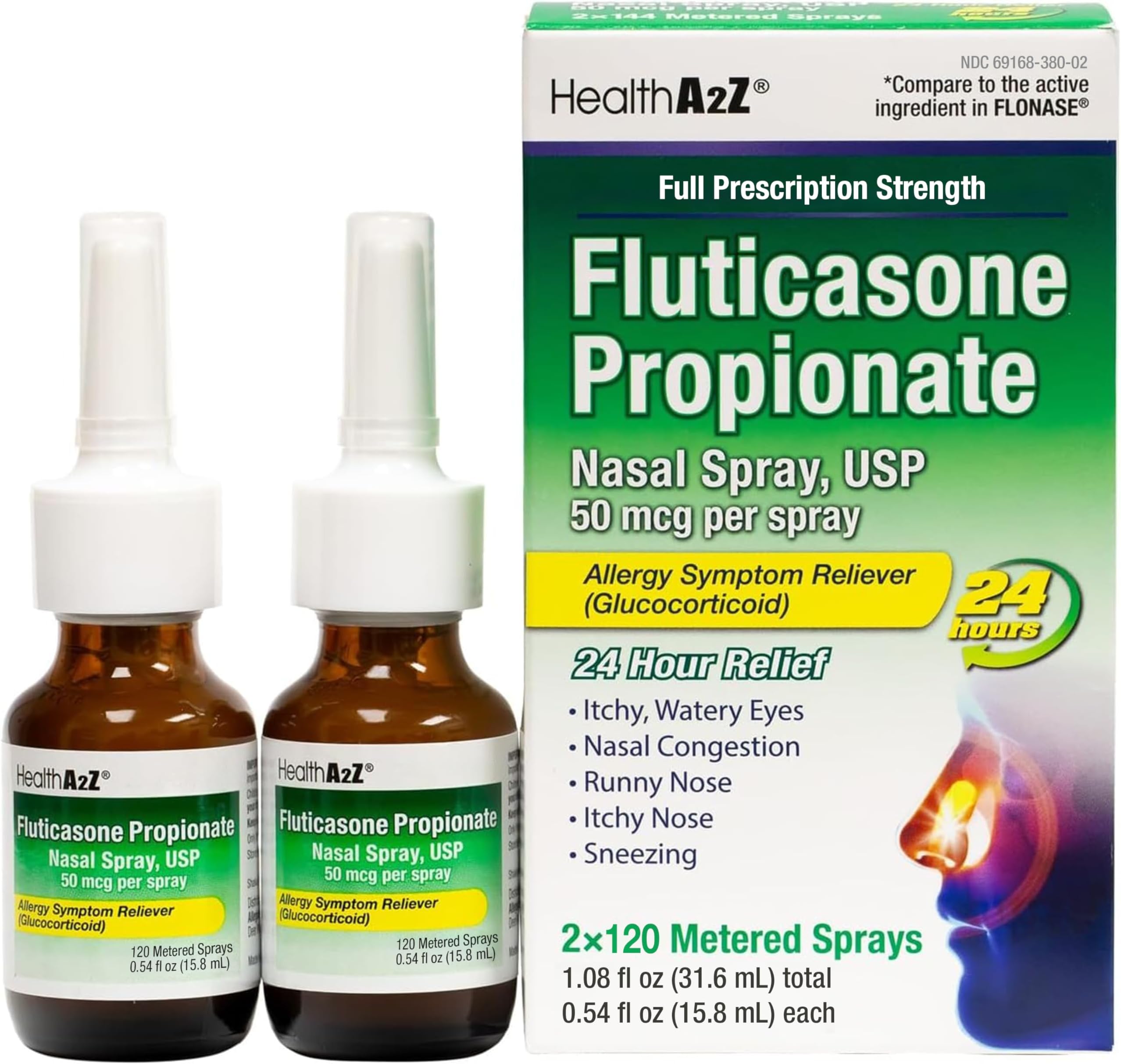 HealthA2Z® Allergy Relief, Fluticasone Propionate 50mcg, Nasal Spray, 24-Hour Allergy Relief, Dye Free, 240 Sprays (2 Pack, 120 Sprays Each)