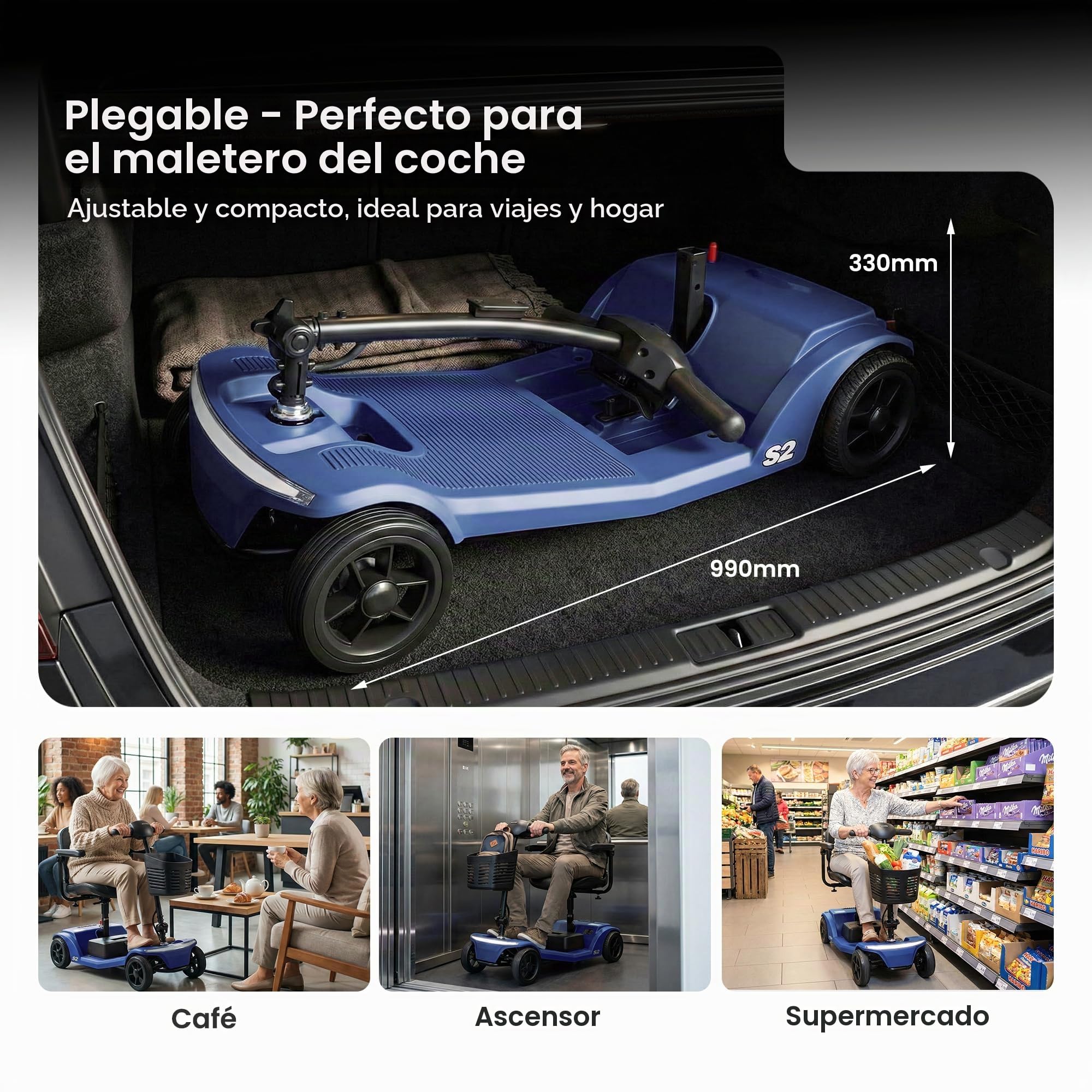 El scooter plegable S2 de movilidad para personas mayores cuenta con un asiento cómodo, manillar ajustable, batería extraíble y puerto de carga USB, con una capacidad de carga máxima de 150 kg.(azul)
