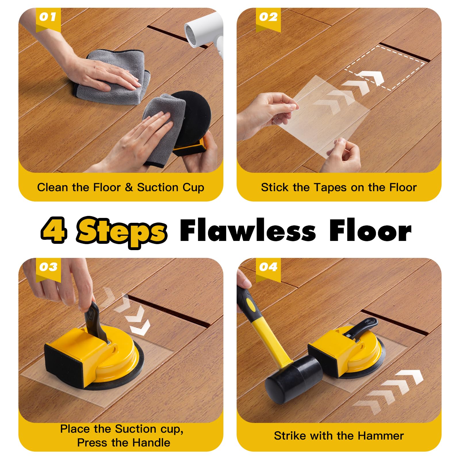 Kit de herramientas de fijación de huecos de piso, herramienta de reparación de huecos de piso con ventosa resistente con mazo de goma, herramienta de cierre de huecos para suelos laminados, fijador