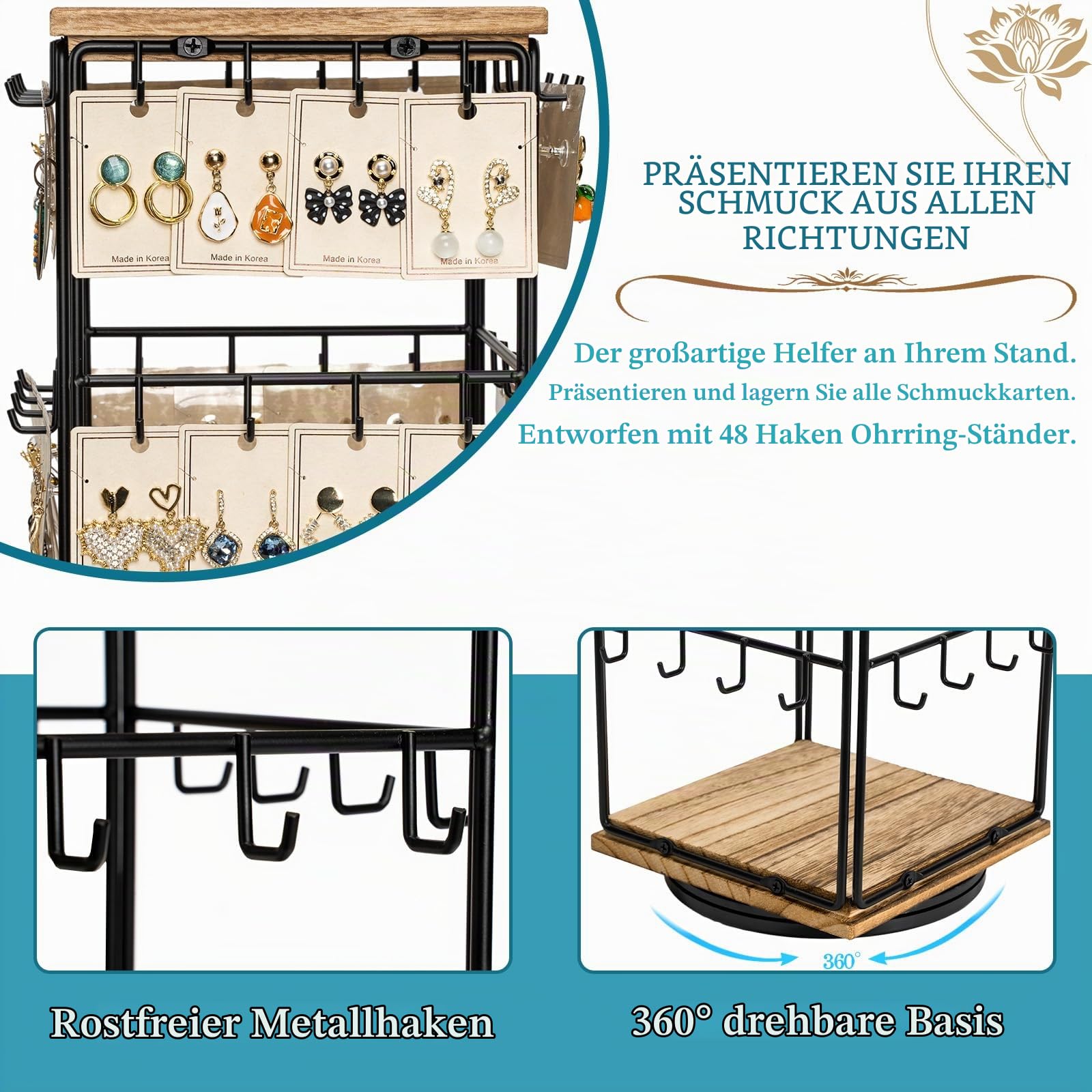 360° Drehbare Ohrringe Aufbewahrung 2er Pack, Holz Schmuck-Display für Verkäufer, Schmuckständer-Organizer für Ohrstecker Ohrringe & Armbänder, Geschenk für Frauen (Rustikal Braun)