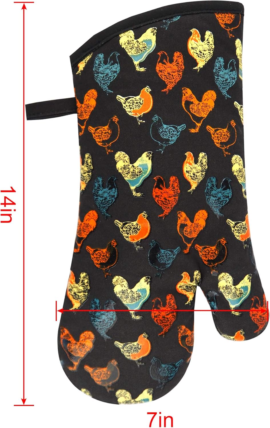 Oven Mitts Gloves 1 Pair Heat Resistant 480 ℉ Non Slip Clear Silicone Printed Rooster Comfortable Cotton Lining Kitchen Men Cooking Barbecue Machine Washable (Rooster, Black Mittens) - Image 2