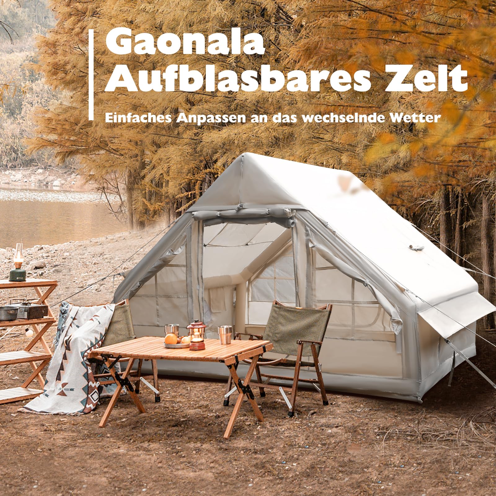 Tienda de campaña hinchable con bomba, 420D Oxford Glamping, tienda inflable para camping con chimenea y claraboya, 4 temporadas, ventana de malla, puertas para 4-6