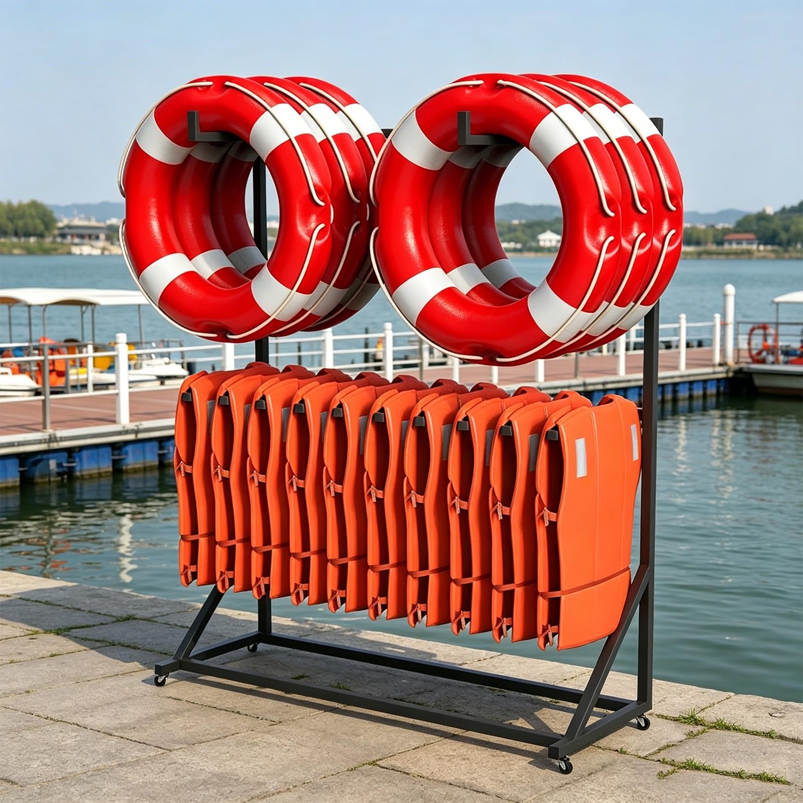 Estante de Almacenamiento para Equipos de Piscina, Soporte Resistente para Chalecos Salvavidas y Aros Salvavidas con Ruedas giratorias, Organizador Independiente para muelles, Capacidad