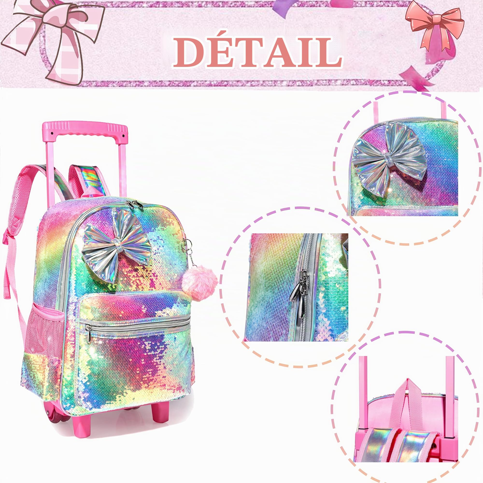 HTgroce Cartable Fille Primaire roulettes, 3 en 1 Cartable Fille Sac à Dos Combinaison Comprend Un Sac à Lunch et Un étui à Crayons