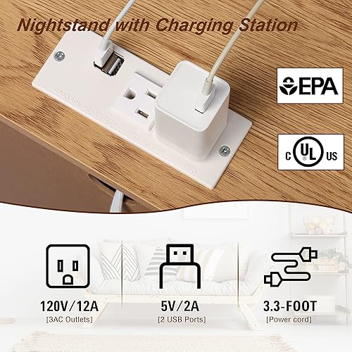 Miniatura 3 de Xilingol Mesita de noche de ratán con estación de carga, puertos USB y tomas de corriente, mesa auxiliar de madera bohemia para sala de estar y