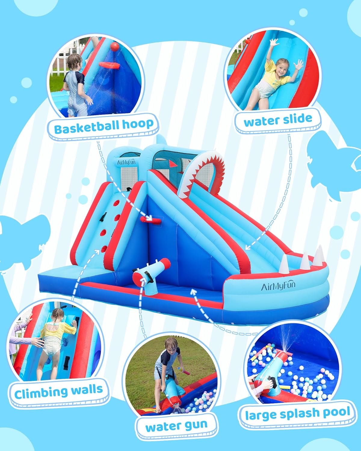 AirMyFun Bounce House, Sharks Theme Inflatable Bouncy House with Slide, Kids Bounce House Water Park with Slides Bouncer Castle with Splash Pool, Climbing Wall, Ball Shooting