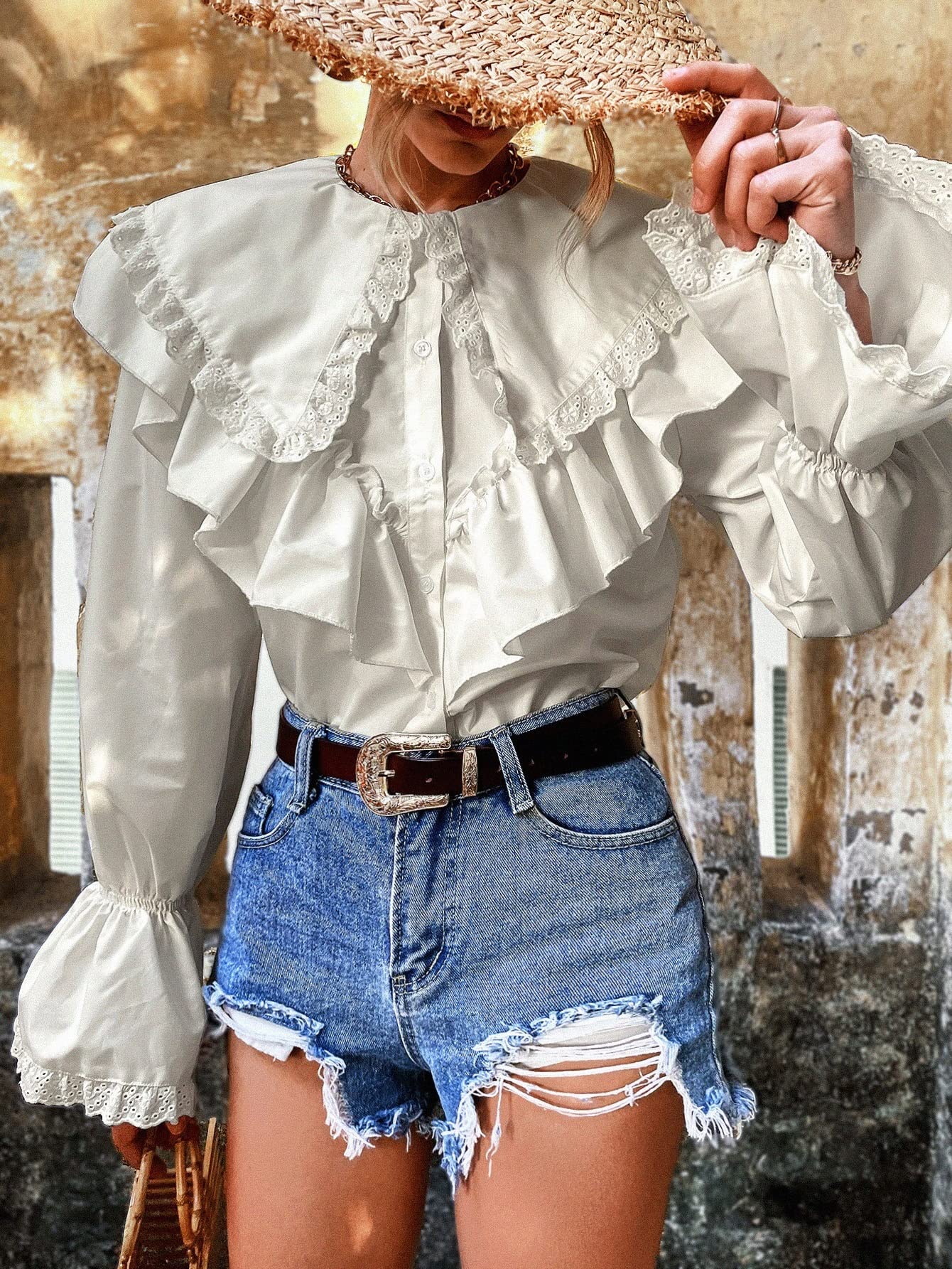 Amazon.com: Womens Long Sleeve Blouse Eyelet Embroidery Ruffle 