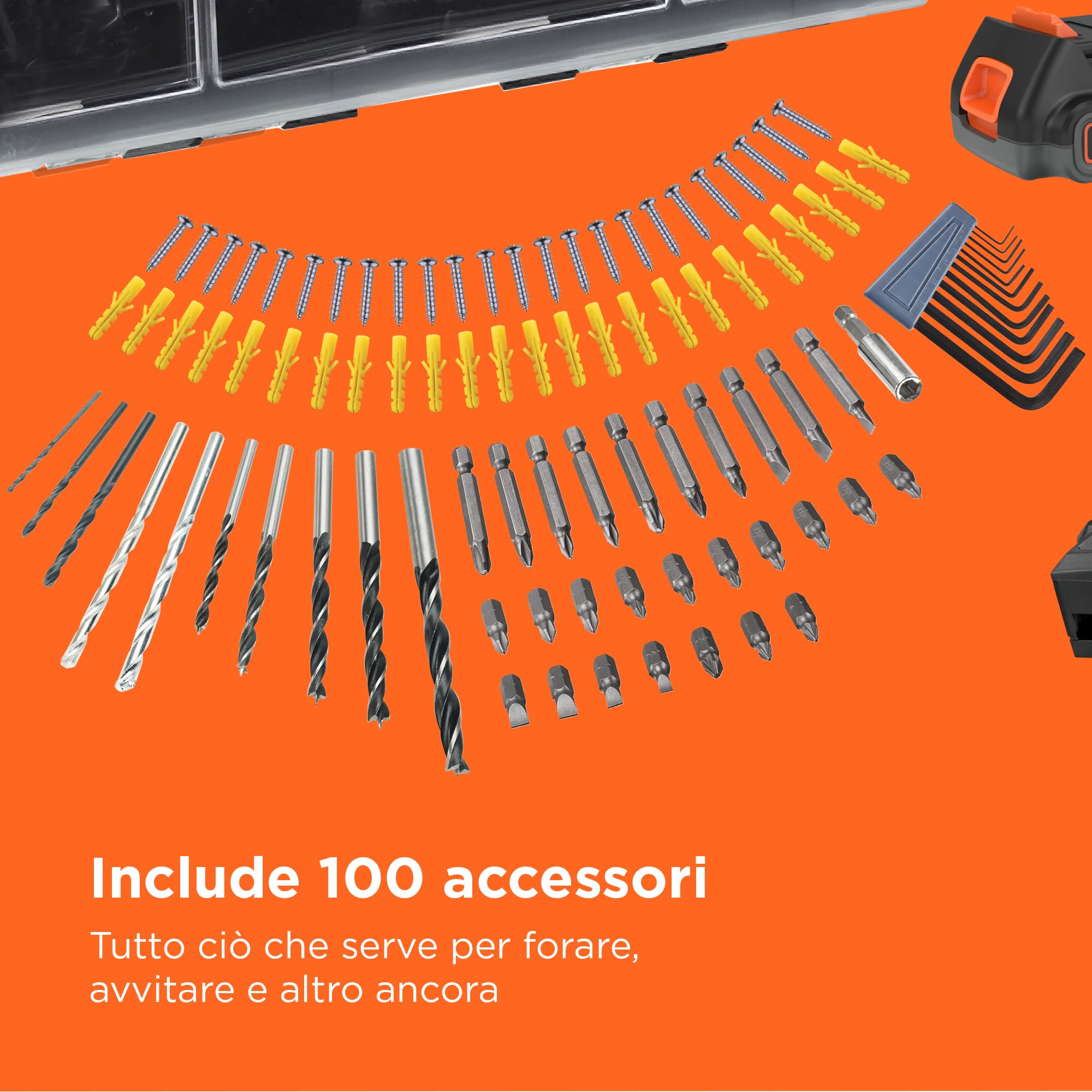 BLACK+DECKER Trapano a percussione da 18V, 2 batterie da 2Ah, caricabatterie da 400mA, 100 accessori, custodia, BDCHD18D2AB-QW