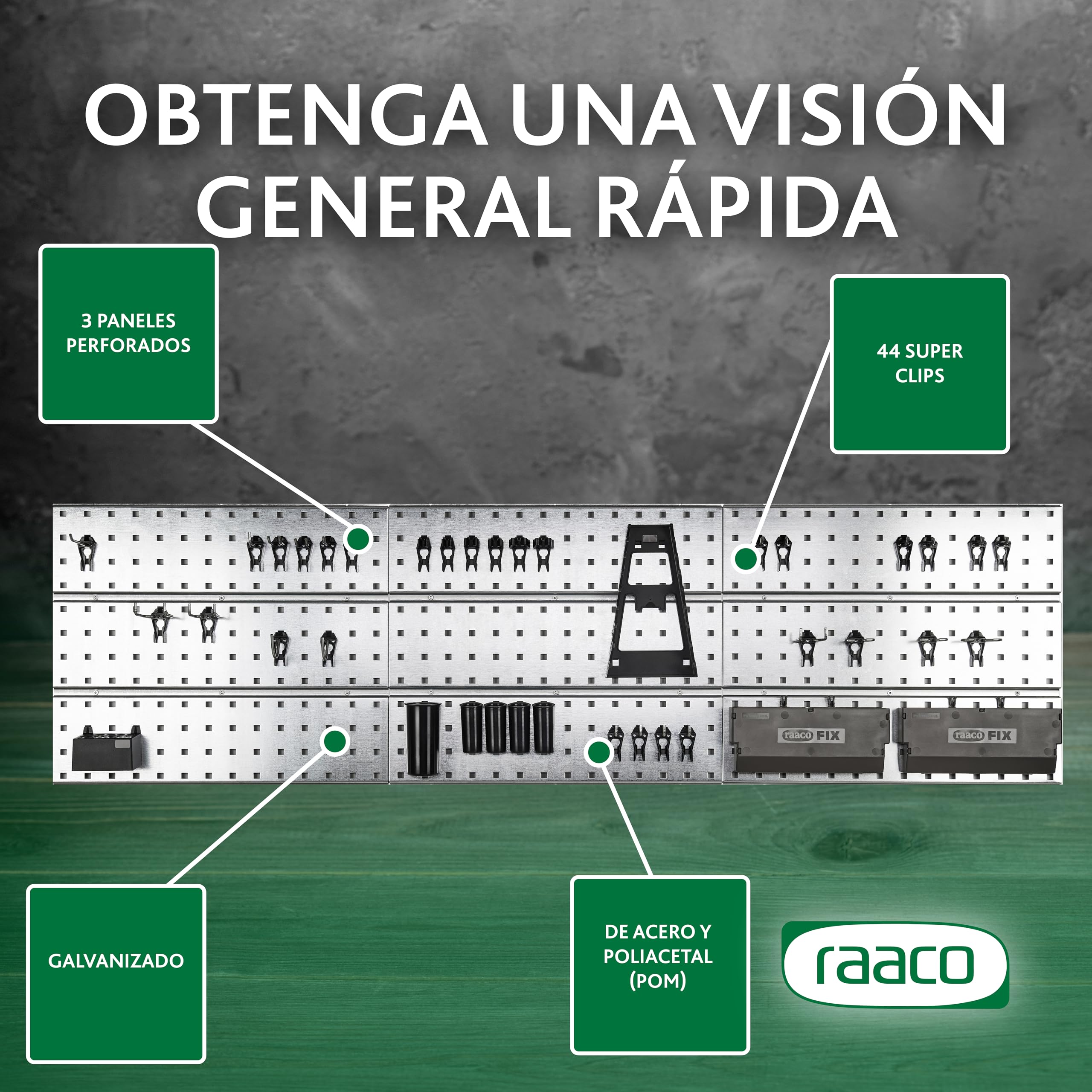 raaco 3 TWP Set, Panel Perforado Galvanizado con 44 Ganchos SuperClip, 156 x 44 cm, 225 kg Capacidad, Organizador de Herramientas, 3 Tableros Perforados Panel Herramientas para Taller y Garaje