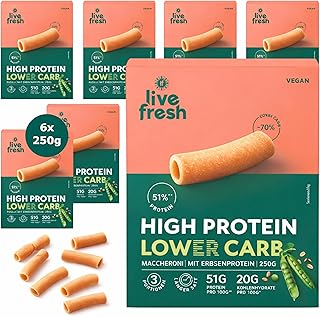 LiveFresh High Protein Nudeln – Low Carb Pasta ballaststoffreich – Vollkornnudeln vegan & glutenfrei – Maccaroni – 6x250g